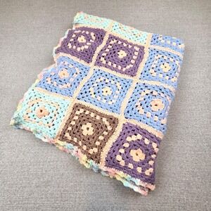 Vtg Handmade Granny Square Afghan Crochet Blanket Quilt Pastel Baby 70"x41"